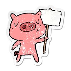 Distressed Sticker Of A Cartoon Content Pig Signpost;sign Stock Photo