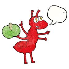 Speech Bubble Textured Cartoon Ant With Apple Stock Image