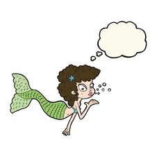 Cartoon Mermaid Blowing Kiss With Thought Bubble Stock Photo