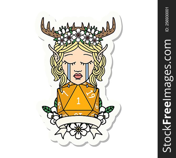 sad elf druid character face with natural one D20 roll sticker