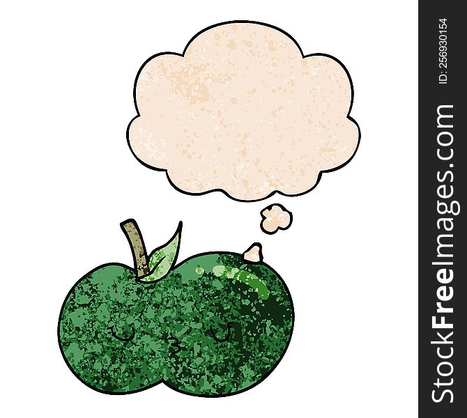 Cartoon Cute Apple And Thought Bubble In Grunge Texture Pattern Style