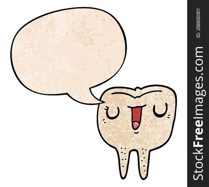 cartoon happy tooth with speech bubble in retro texture style