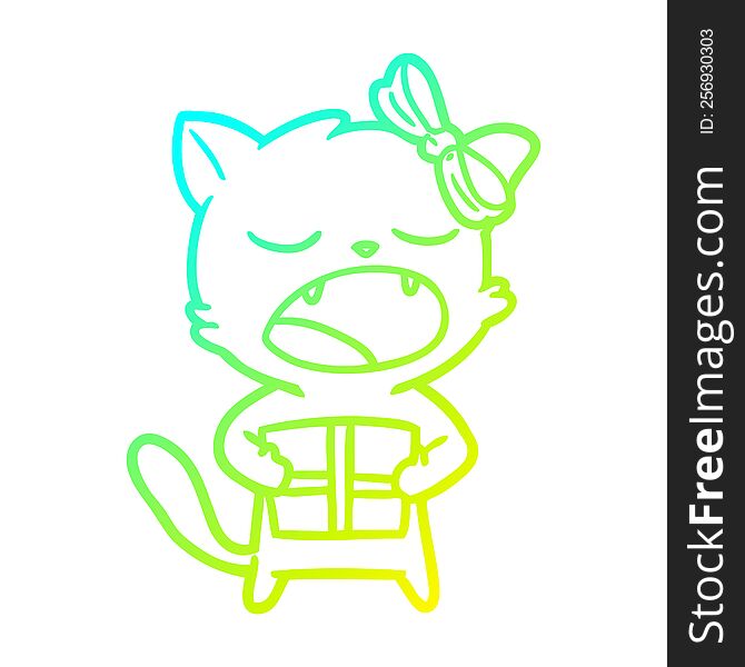 Cold Gradient Line Drawing Cartoon Cat With Christmas Present