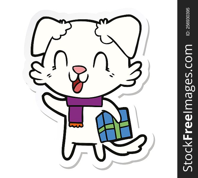 sticker of a laughing cartoon dog with christmas present