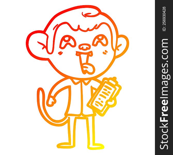 Warm Gradient Line Drawing Crazy Cartoon Monkey With Clipboard