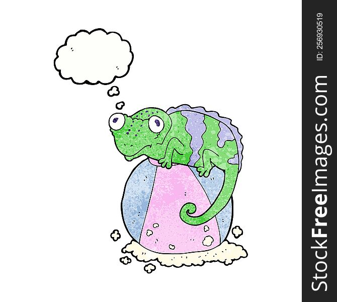 freehand drawn thought bubble textured cartoon chameleon on ball