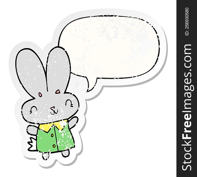 cute cartoon tiny rabbit with speech bubble distressed distressed old sticker. cute cartoon tiny rabbit with speech bubble distressed distressed old sticker