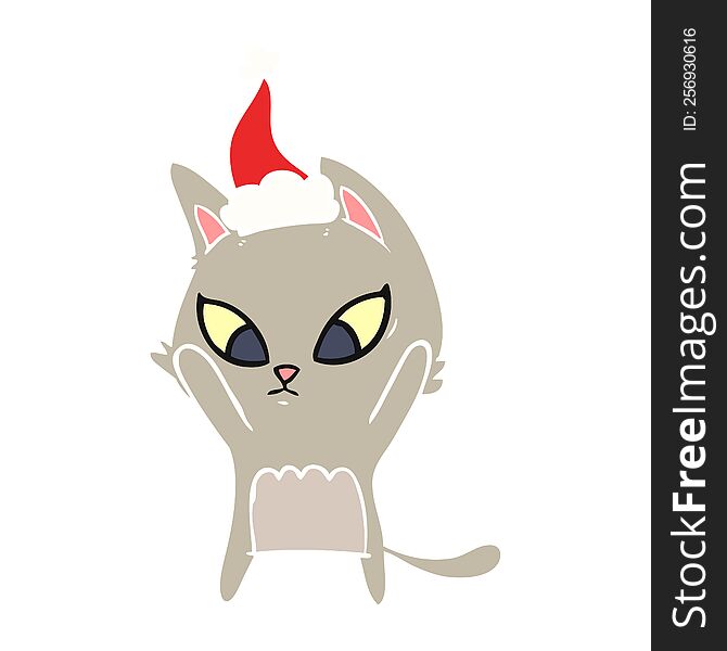 Confused Flat Color Illustration Of A Cat Wearing Santa Hat