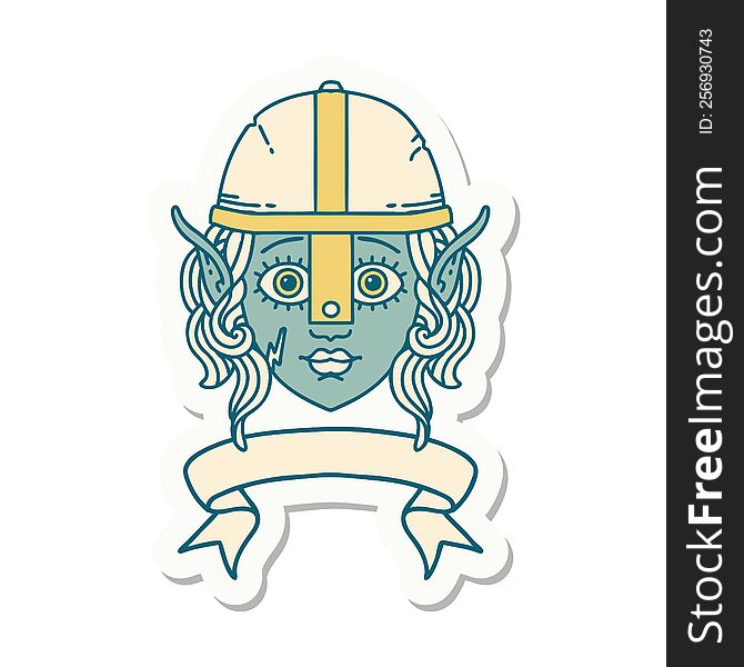 sticker of a elf fighter character face with banner. sticker of a elf fighter character face with banner