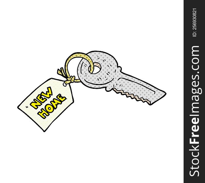 freehand drawn cartoon house key with new home tag