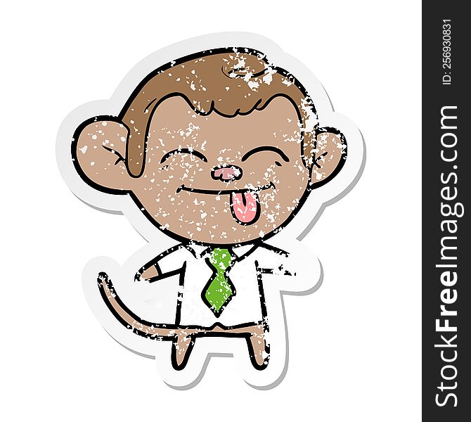 Distressed Sticker Of A Funny Cartoon Monkey Wearing Shirt And Tie