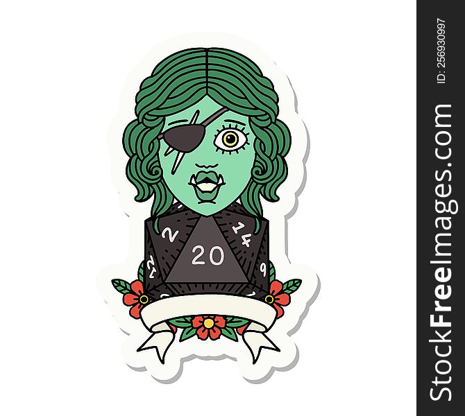 sticker of a half orc rogue character with natural twenty dice roll. sticker of a half orc rogue character with natural twenty dice roll