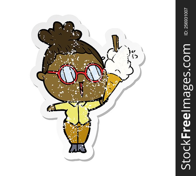 Distressed Sticker Of A Cartoon Woman Wearing Spectacles With Ice Cream