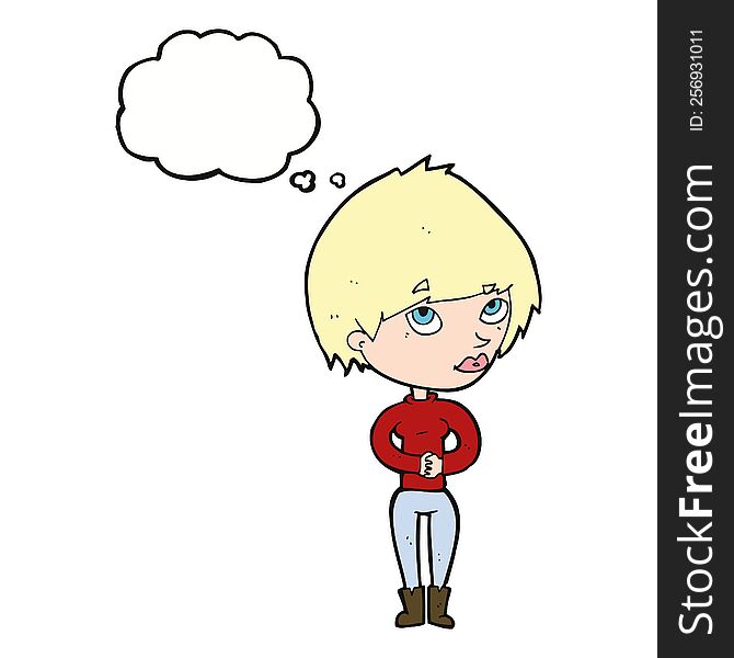 cartoon woman considering with thought bubble