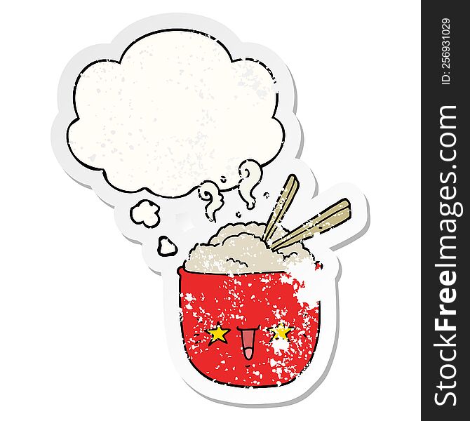 cartoon rice bowl with face with thought bubble as a distressed worn sticker