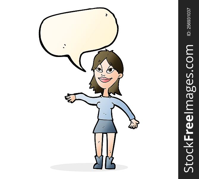 cartoon woman making hand gesture with speech bubble