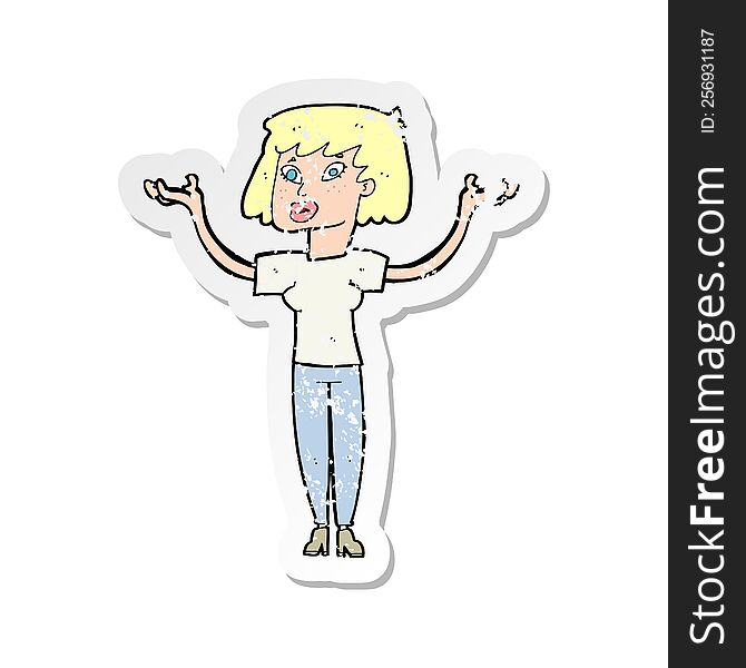 retro distressed sticker of a cartoon woman holding up hands