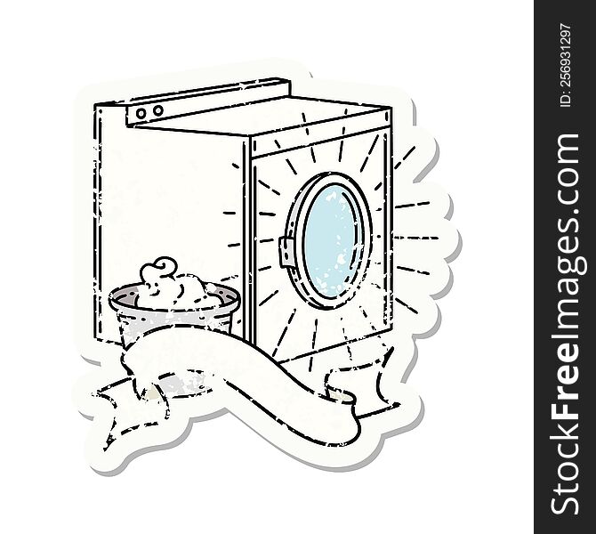 worn old sticker of a tattoo style washing machine. worn old sticker of a tattoo style washing machine