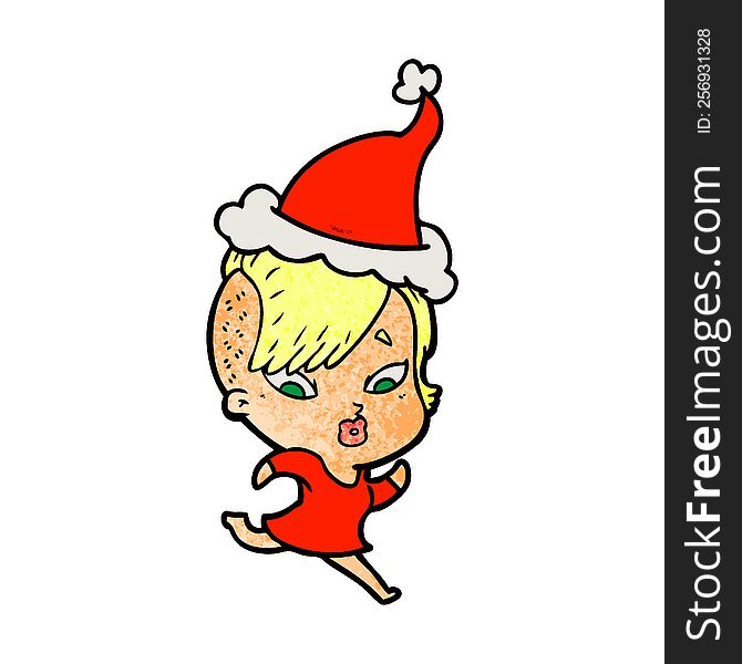 hand drawn textured cartoon of a surprised girl wearing santa hat