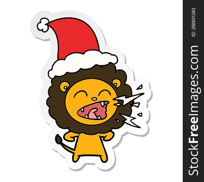 Sticker Cartoon Of A Roaring Lion Wearing Santa Hat