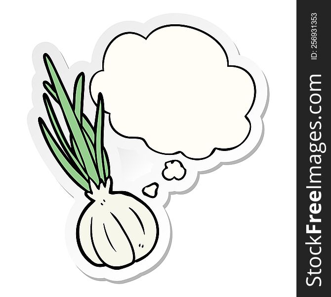 cartoon garlic with thought bubble as a printed sticker