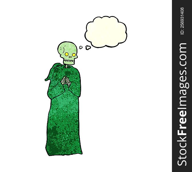 cartoon skeleton in black robe with thought bubble