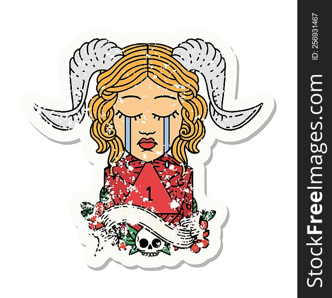 Crying Tiefling With Natural One D20 Dice Roll Grunge Sticker