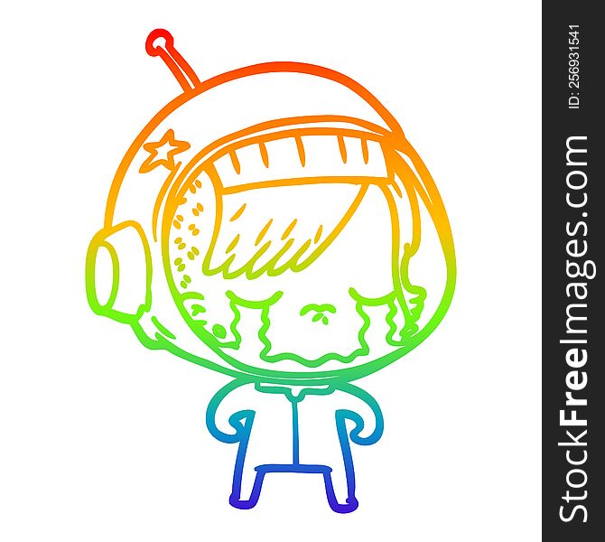 Rainbow Gradient Line Drawing Cartoon Crying Astronaut Girl