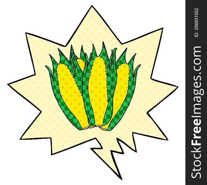 cartoon organic corn with speech bubble in comic book style