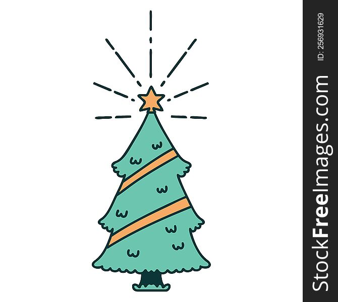 illustration of a traditional tattoo style christmas tree with star