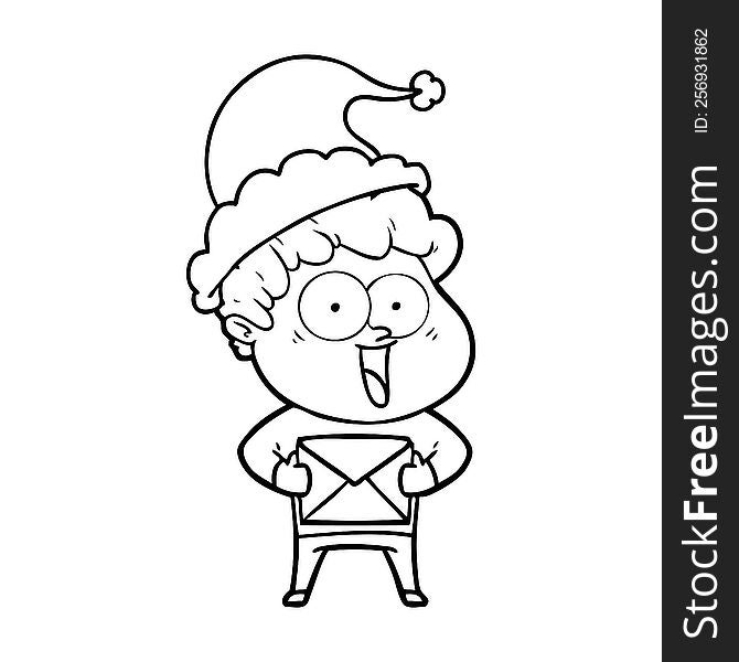 Line Drawing Of A Happy Man Wearing Santa Hat
