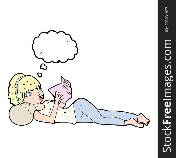 cartoon pretty woman reading book with thought bubble