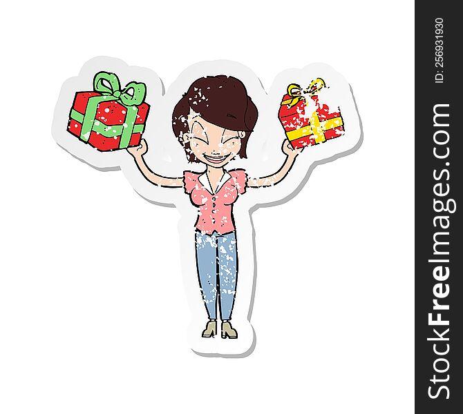 retro distressed sticker of a cartoon woman carrying gifts