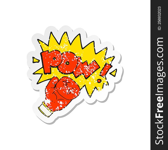 retro distressed sticker of a cartoon boxing glove punching