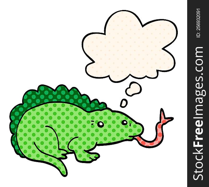 cartoon lizard with thought bubble in comic book style