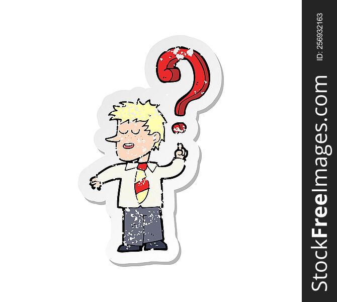 retro distressed sticker of a cartoon school boy with question