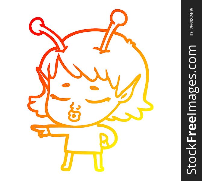 warm gradient line drawing of a cute alien girl cartoon pointing