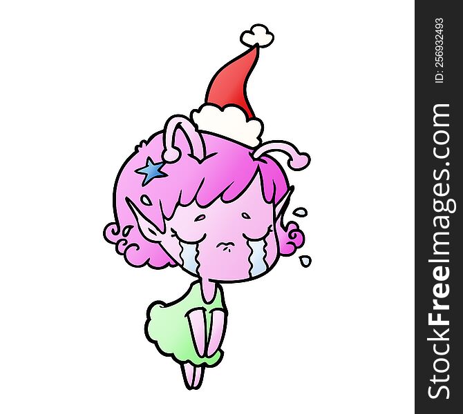 hand drawn gradient cartoon of a crying alien girl wearing santa hat