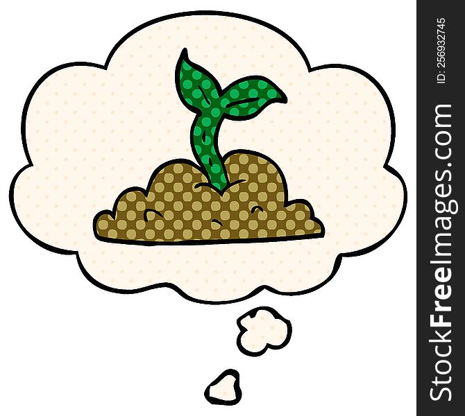 cartoon growing seedling with thought bubble in comic book style