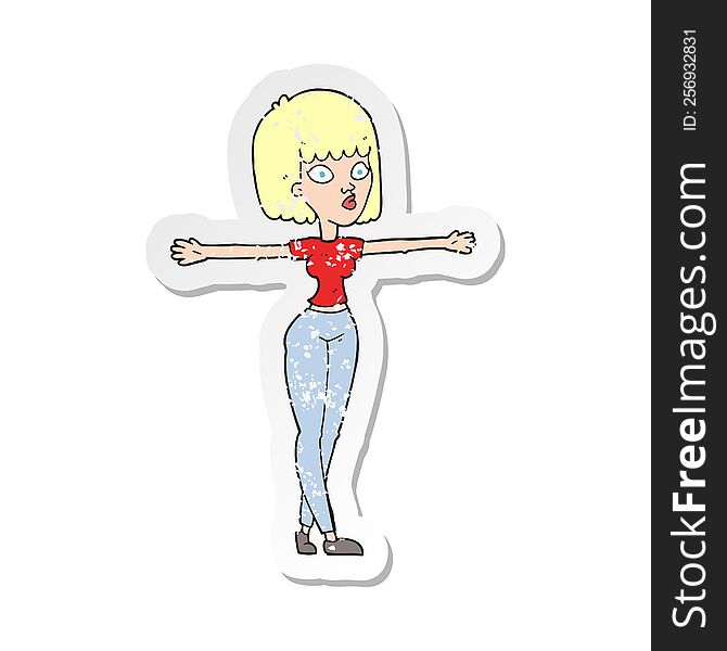 Retro Distressed Sticker Of A Cartoon Woman Spreading Arms