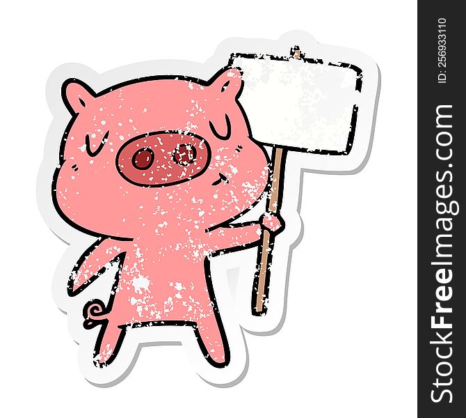 Distressed Sticker Of A Cartoon Content Pig Signpost;sign