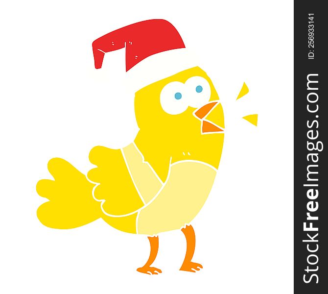 Flat Color Illustration Of A Cartoon Bird Wearing Christmas Hat