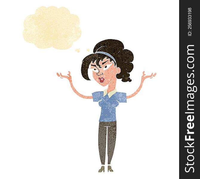 Cartoon Woman Raising Hands In Air With Thought Bubble