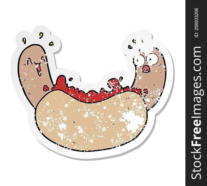 distressed sticker of a cartoon hotdog