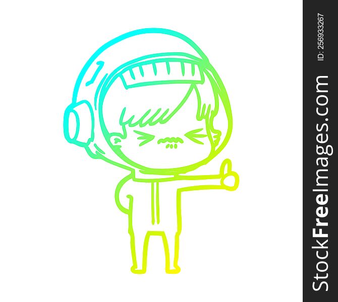 Cold Gradient Line Drawing Annoyed Cartoon Space Girl Giving Thumbs Up Sign