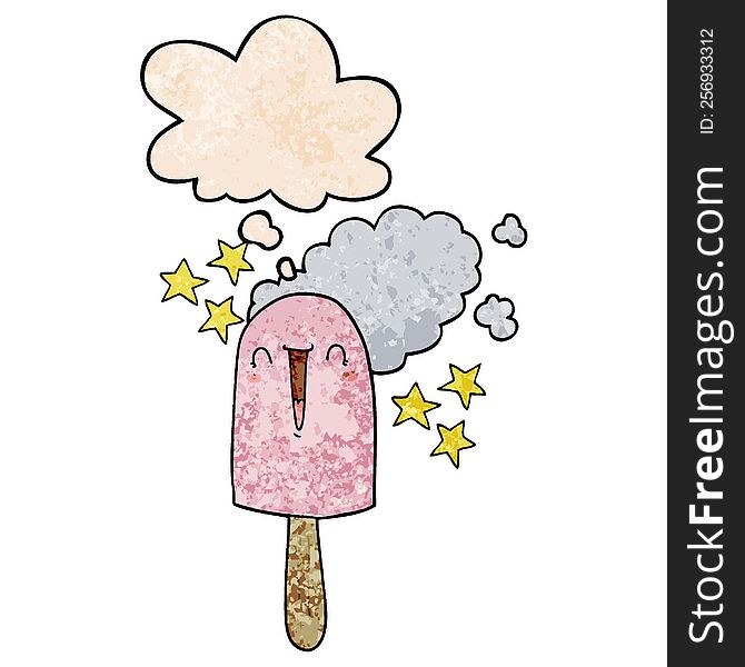 Cute Cartoon Ice Lolly And Thought Bubble In Grunge Texture Pattern Style