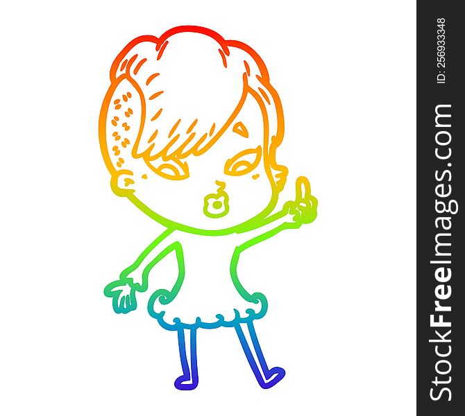 rainbow gradient line drawing of a cartoon surprised girl pointing