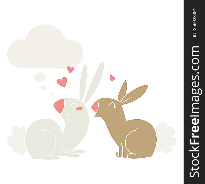 cartoon rabbits in love with thought bubble in retro style