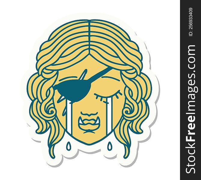 sticker of a crying half orc rogue character face. sticker of a crying half orc rogue character face