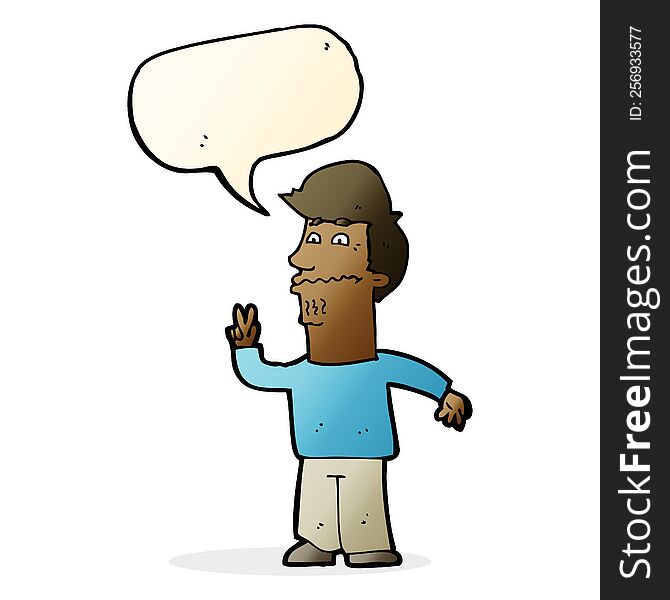 Cartoon Man Giving Peace Sign With Speech Bubble